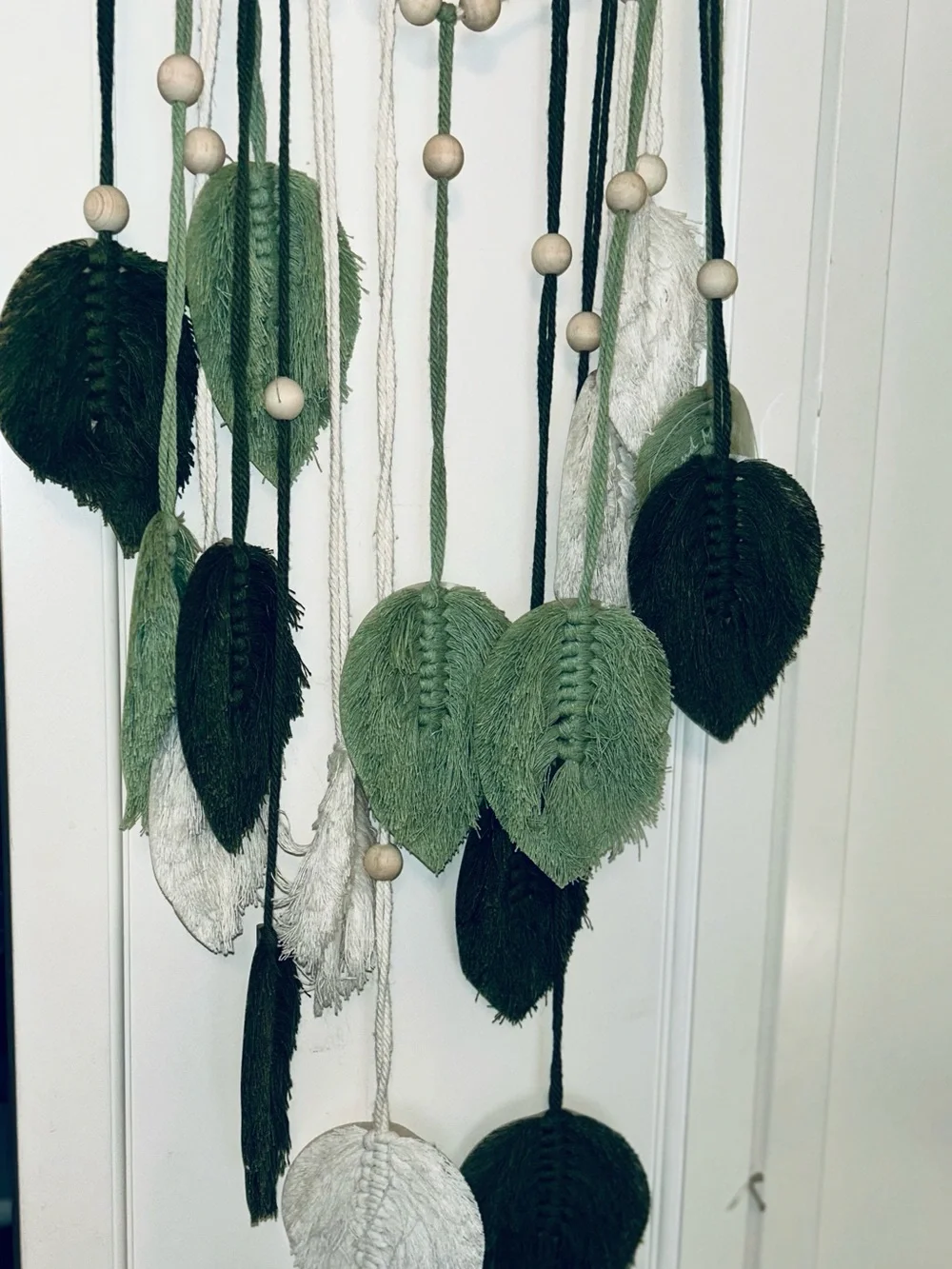 Handmade Green & Cream Leaf Wall Hanging - Boho Home Holiday Decor